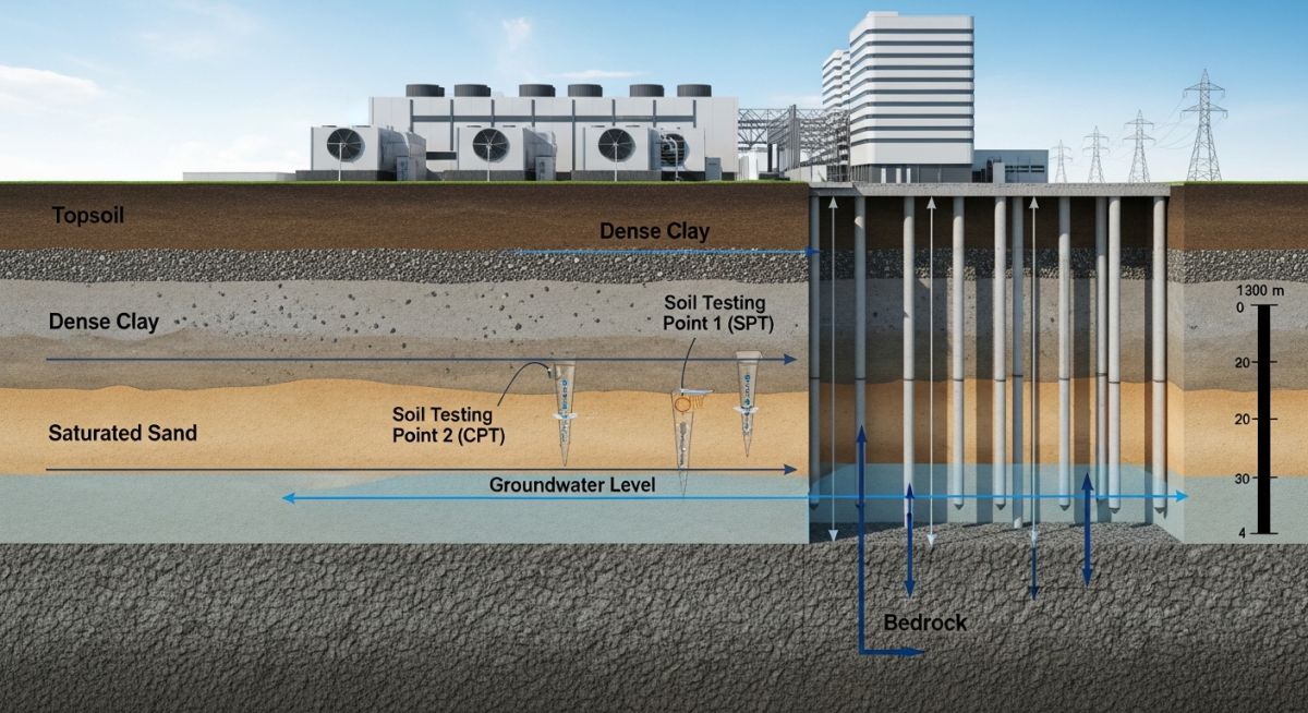 Cross-section diagram of a data centre foundation showing soil strata, pile foundations, and groundwater monitoring wells for geotechnical analysis.