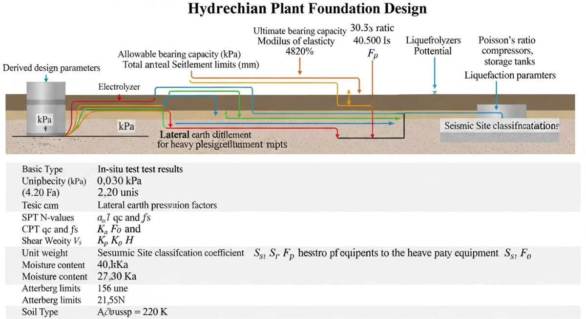 Geotechnical data mapping infographic for hydrogen plant foundation structural design.