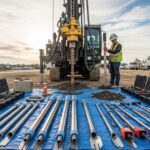 A professional geotechnical drilling rig operating on a construction site with various soil sampling and testing instruments laid out for inspection.