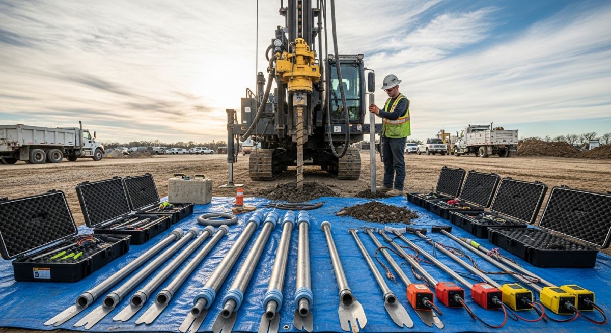 A professional geotechnical drilling rig operating on a construction site with various soil sampling and testing instruments laid out for inspection.