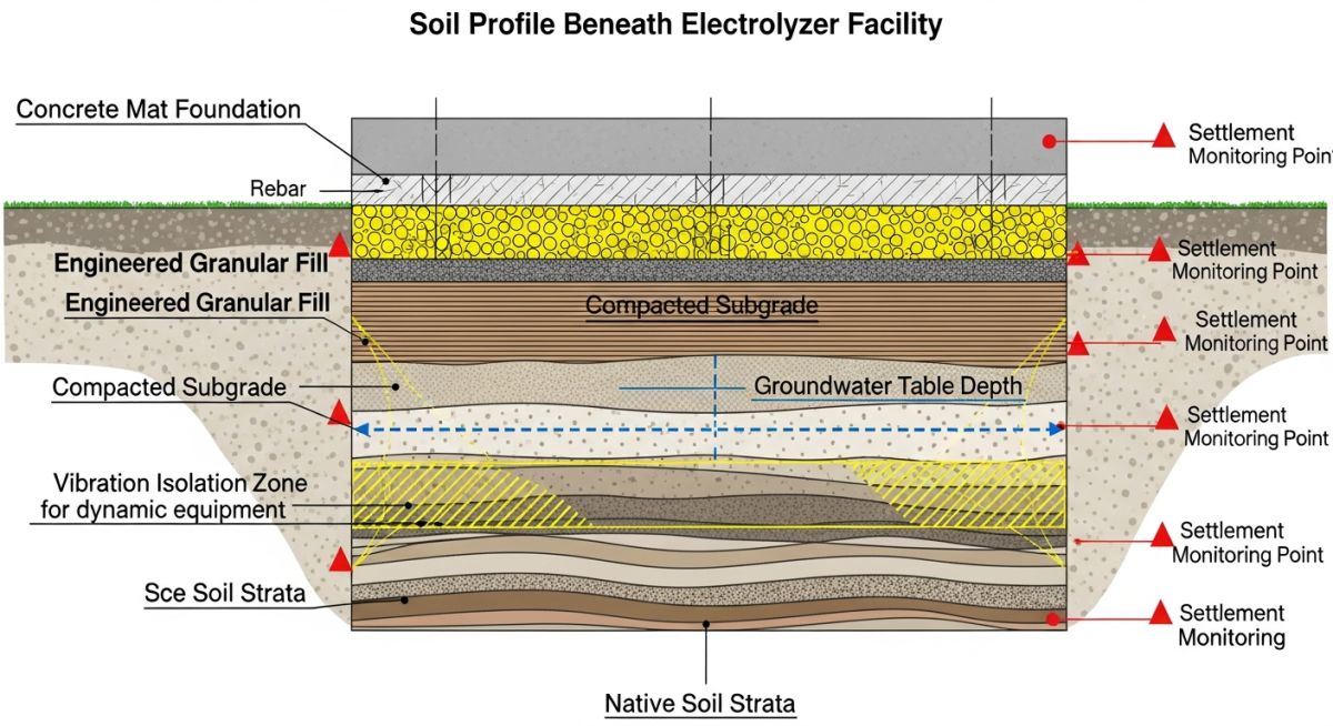 Technical cross-section of an electrolyzer foundation