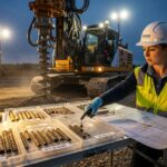 Geotechnical engineer reviewing site plans next to a drilling rig during a soil investigation project.