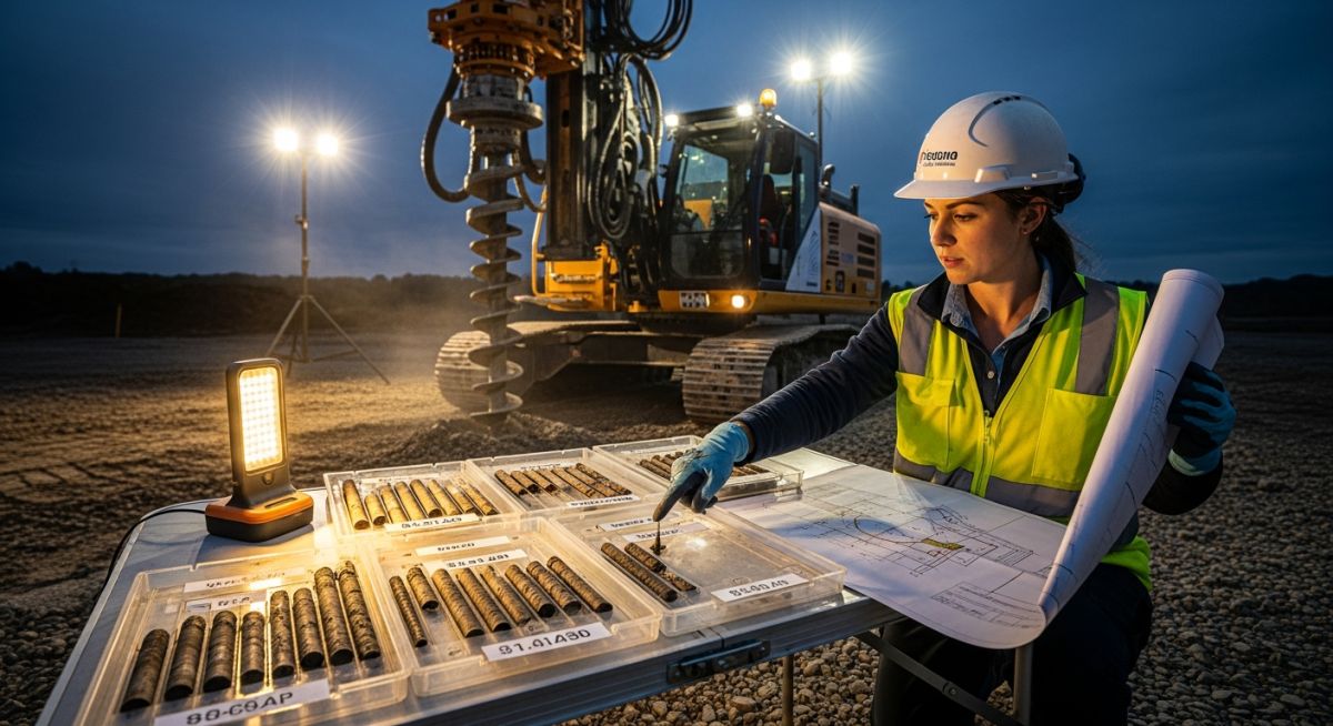 Geotechnical engineer reviewing site plans next to a drilling rig during a soil investigation project.