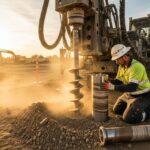 Geotechnical engineer operating a soil drilling rig for site investigation and core sampling on a construction project.