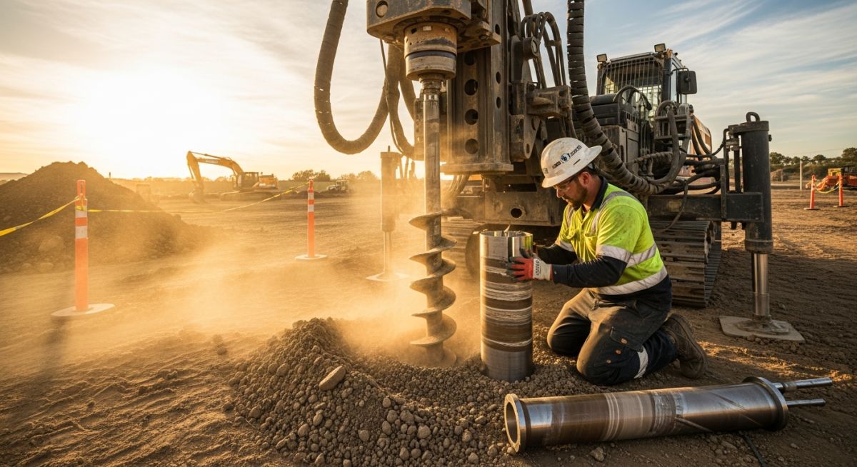 Geotechnical engineer operating a soil drilling rig for site investigation and core sampling on a construction project.