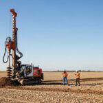 A geotechnical drill rig performing soil sampling on a large, open field intended for a utility-scale solar farm project.