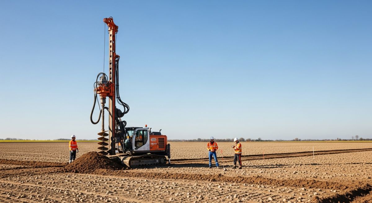 A geotechnical drill rig performing soil sampling on a large, open field intended for a utility-scale solar farm project.