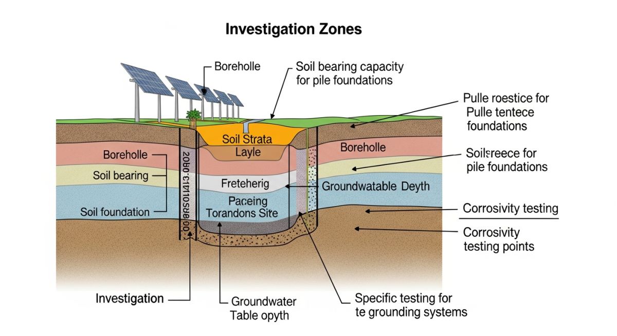 Diagram showing borehole spacing and pile testing methodology for solar sites