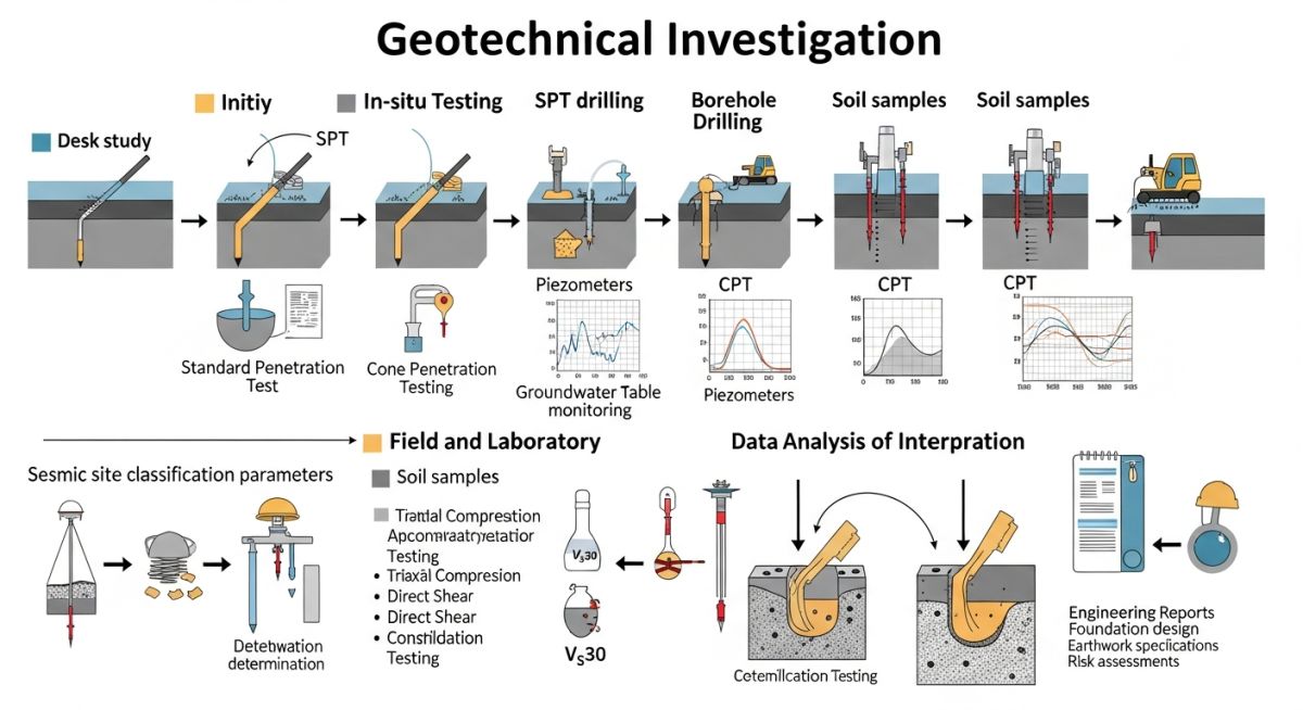 Workflow diagram for geotechnical site investigation in data centre projects.