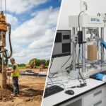 Professional geotechnical engineer supervising a drill rig for soil sampling alongside a laboratory technician conducting triaxial testing on soil specimens.