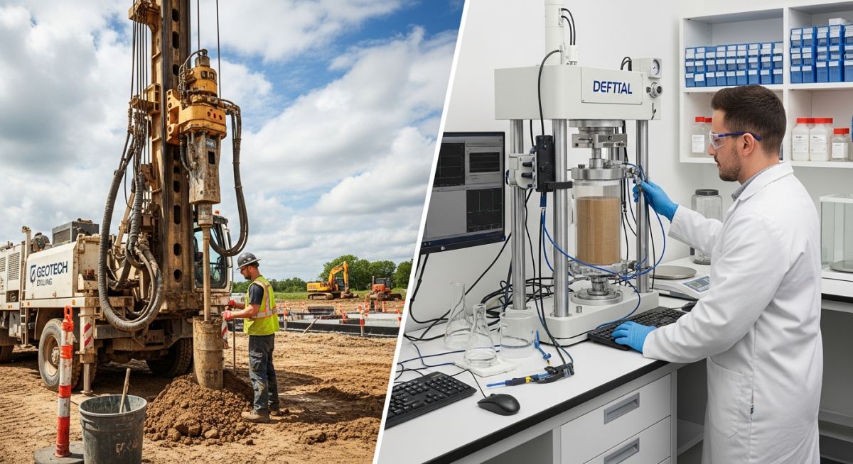 Professional geotechnical engineer supervising a drill rig for soil sampling alongside a laboratory technician conducting triaxial testing on soil specimens.