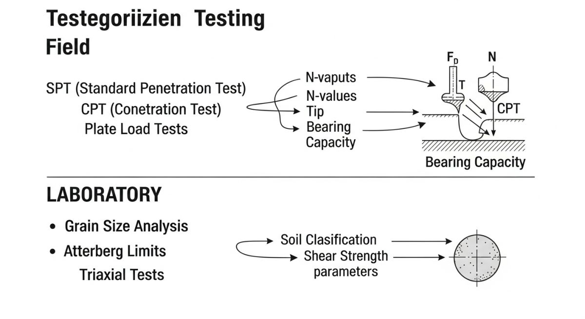 Technical infographic showing the relationship between field test data and laboratory soil mechanics parameters.
