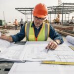 Senior engineer analyzing a comprehensive Geotechnical Investigation Report and structural drawings on a construction site office desk.