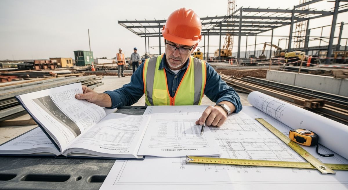 Senior engineer analyzing a comprehensive Geotechnical Investigation Report and structural drawings on a construction site office desk.