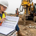 Senior engineer analyzing geotechnical reports on a construction site with a soil drilling rig in the background.