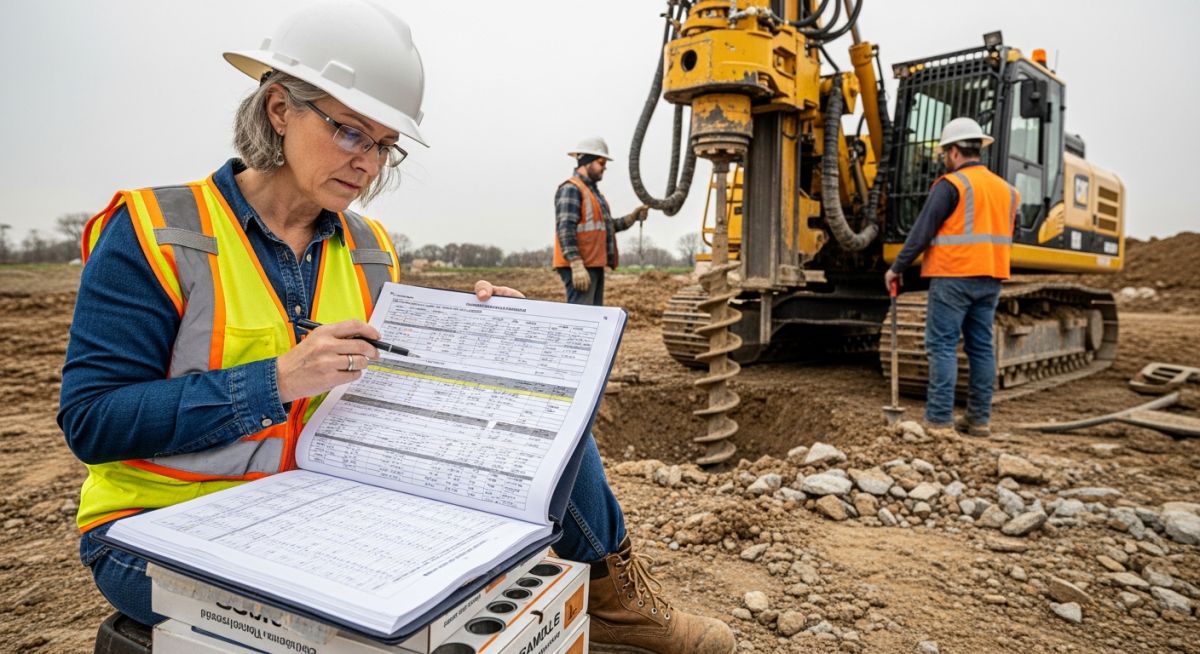 Senior engineer analyzing geotechnical reports on a construction site with a soil drilling rig in the background.