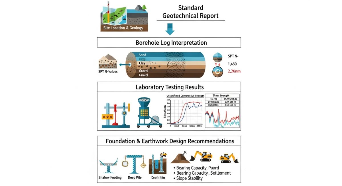 Infographic showing the hierarchy of a geotechnical report from site location to final foundation design