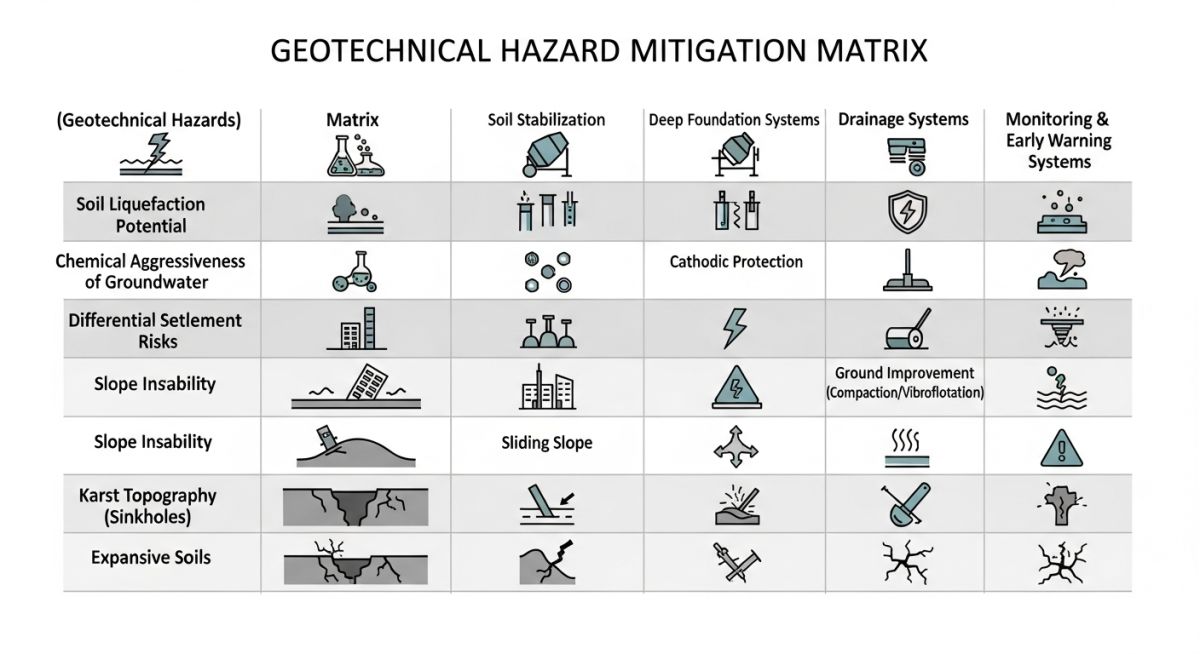 Technical matrix showing geotechnical risk mitigation strategies for hydrogen plants