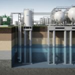 Cross-section view of green hydrogen plant foundations showing soil strata and groundwater interaction for geotechnical risk assessment.