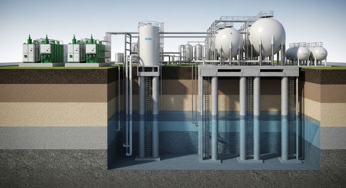Cross-section view of green hydrogen plant foundations showing soil strata and groundwater interaction for geotechnical risk assessment.