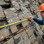 Geotechnical engineer conducting a structural scanline survey on a fractured rock outcrop for rock mass classification.