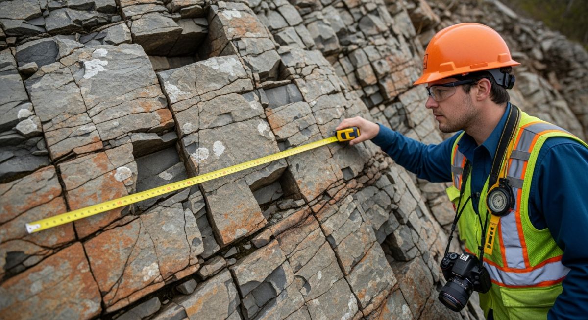 Geotechnical engineer conducting a structural scanline survey on a fractured rock outcrop for rock mass classification.