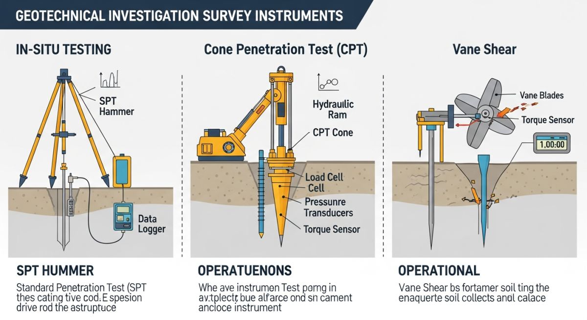 Technical comparison chart of geotechnical survey instruments and their operational parameters.