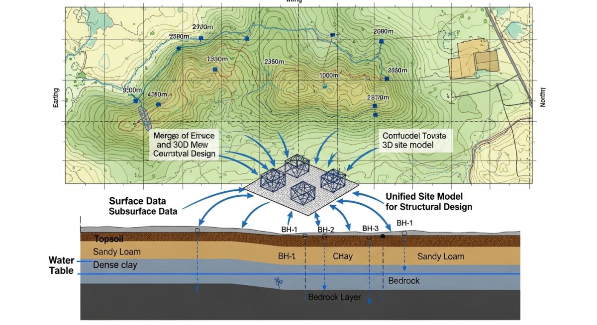 Technical diagram showing the intersection of soil mechanics and elevation mapping