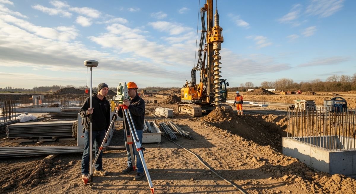 Surveyors using a total station on a construction site with a geotechnical drill rig operating in the background.