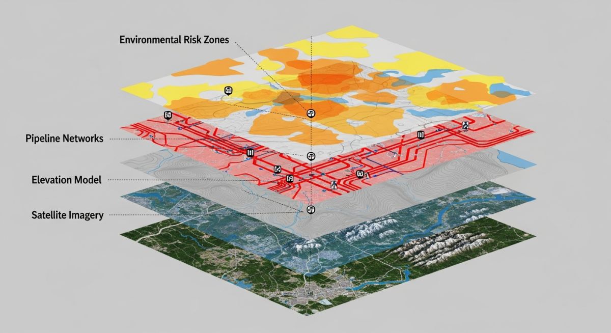 Technical diagram showing GIS data layers for pipeline corridor management