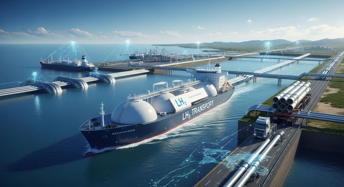 Conceptual illustration of global hydrogen transportation methods including pipelines, trucks, and ships.