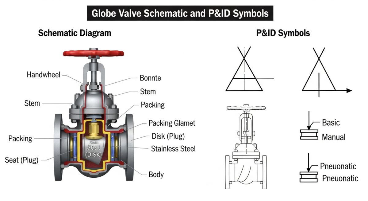 Globe valve parts and symbols diagram showing stem, bonnet, disc, seat, and standard piping symbols