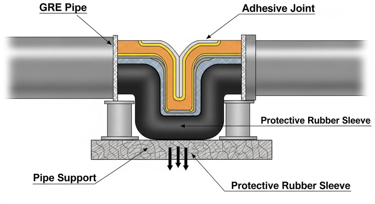 Technical drawing of GRE piping joint configurations and support wear pad details
