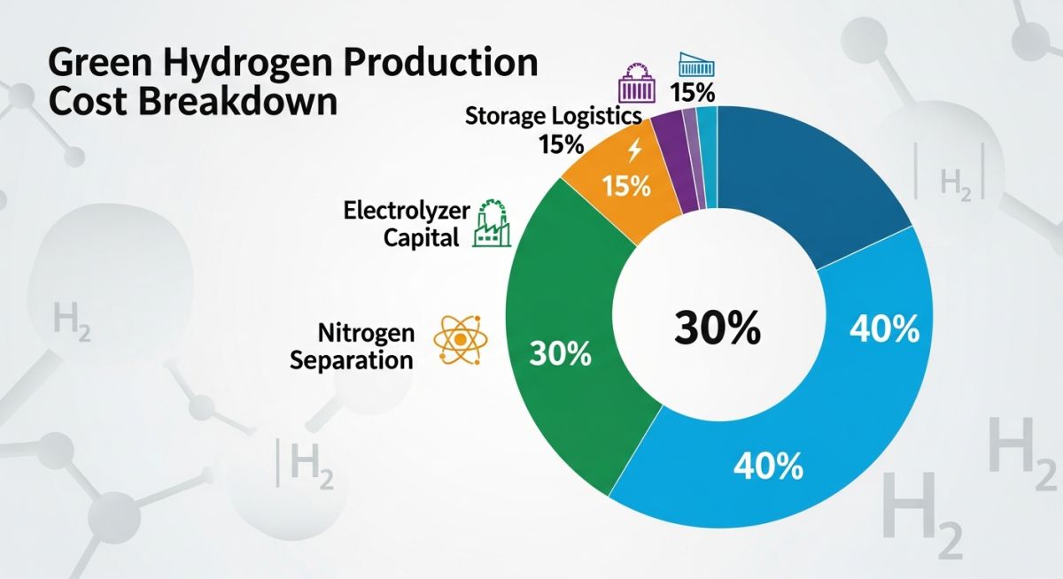 Infographic showing the percentage breakdown of CAPEX and OPEX in green ammonia plants