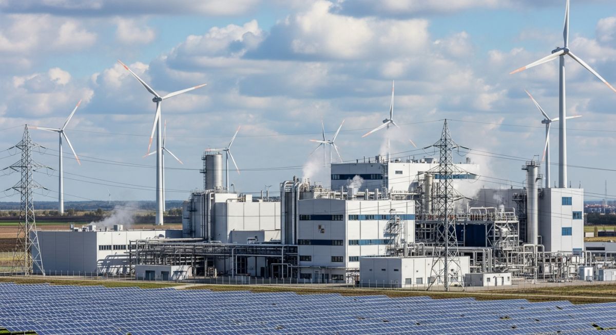 Industrial green ammonia production facility integrated with renewable energy sources.