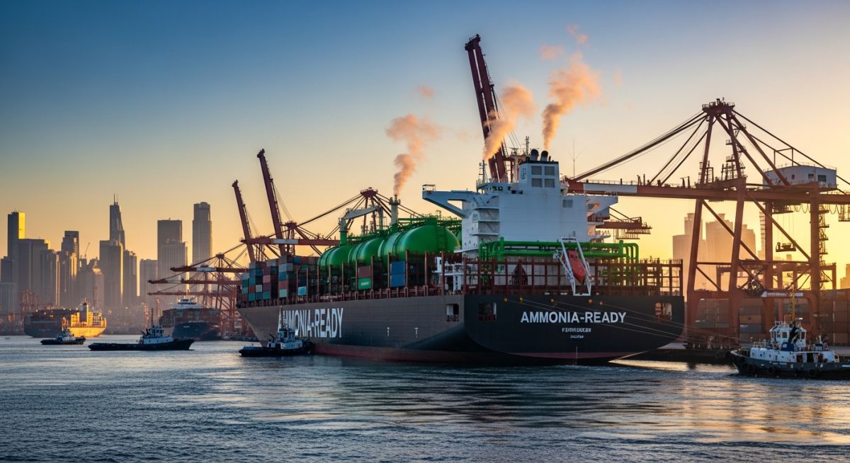 Modern container ship utilizing green ammonia as marine fuel in a global port.