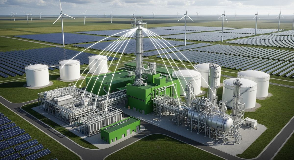 Industrial green ammonia production facility powered by renewable energy sources for RFNBO compliance.