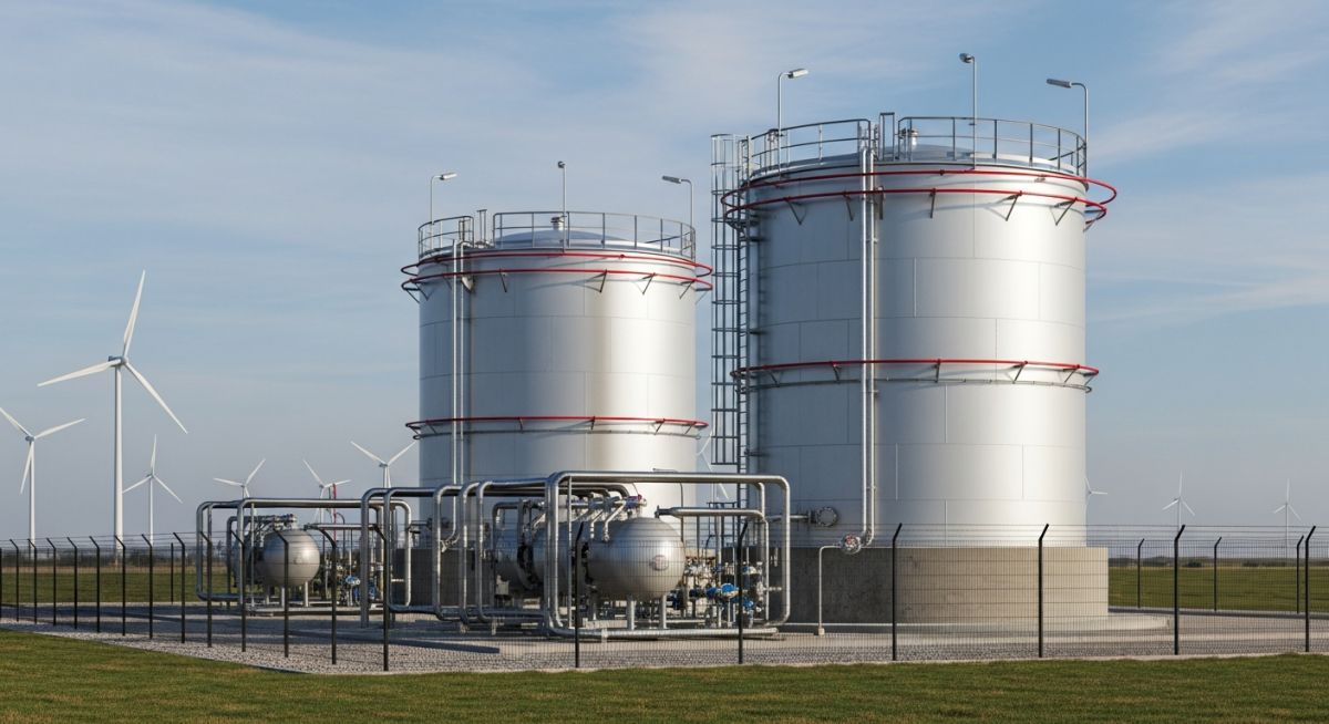 Large industrial green ammonia storage tank with cryogenic piping and renewable energy infrastructure in the background.