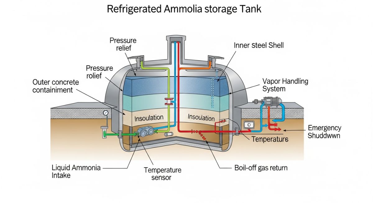 Technical diagram showing pressure-temperature curves for ammonia storage