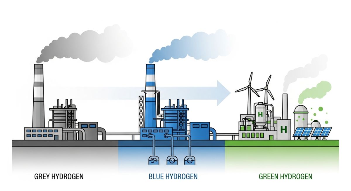 Conceptual illustration comparing grey, blue, and green hydrogen production facilities and their environmental impact.