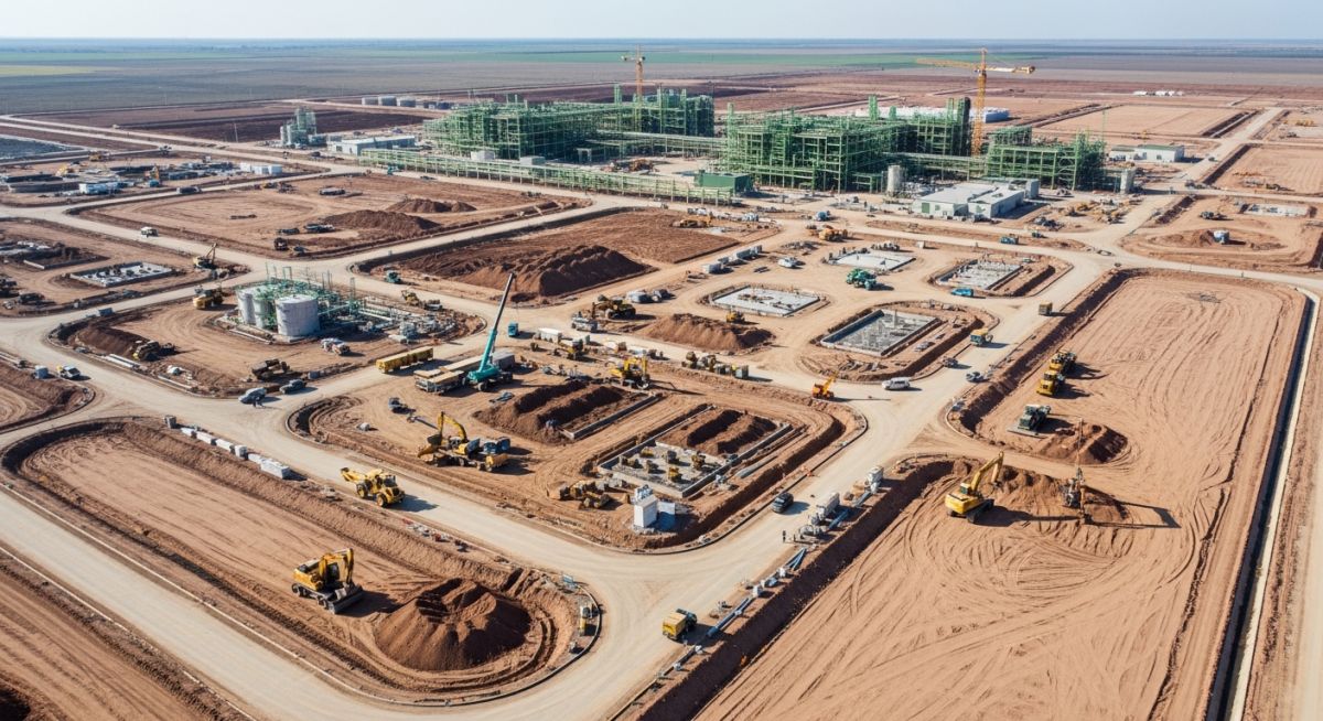Aerial view of industrial earthworks for green hydrogen plants showing site grading and drainage infrastructure.