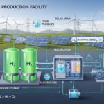 Modern green hydrogen production plant powered by solar and wind energy.