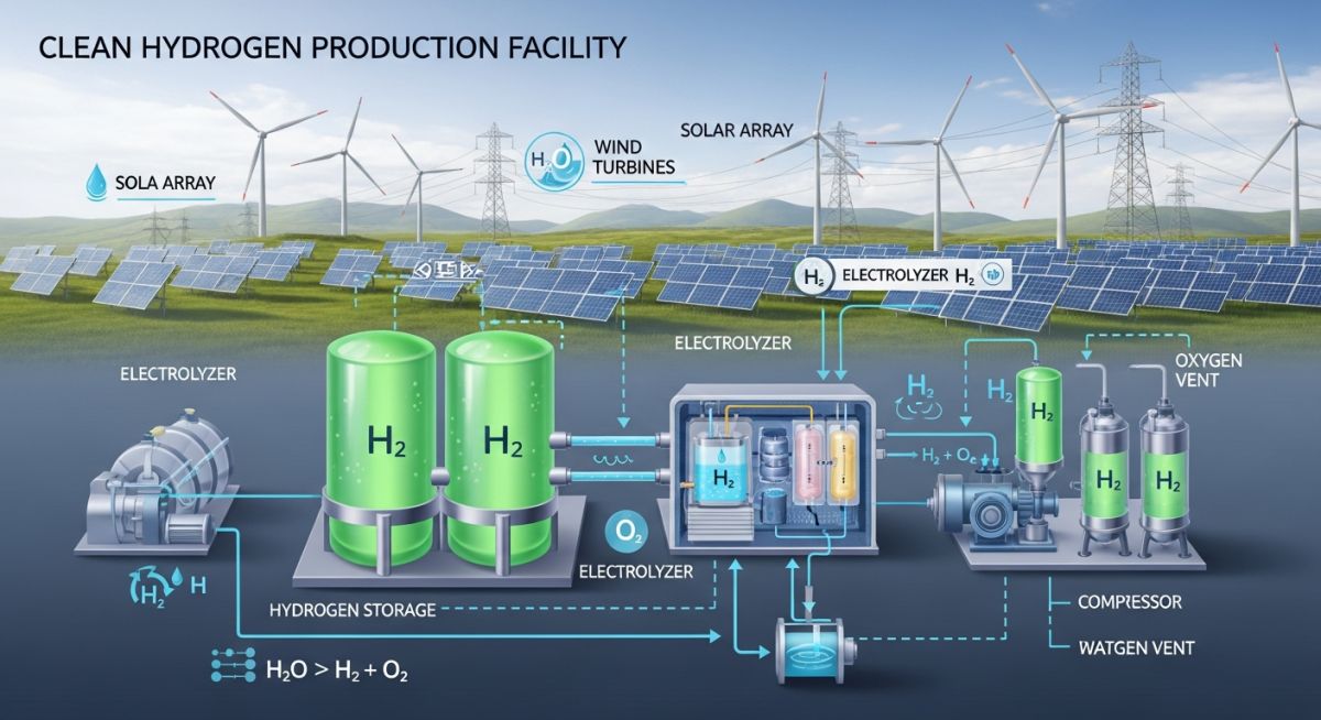 Modern green hydrogen production plant powered by solar and wind energy.
