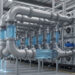 Industrial water supply system feeding a large-scale green hydrogen electrolyzer plant.