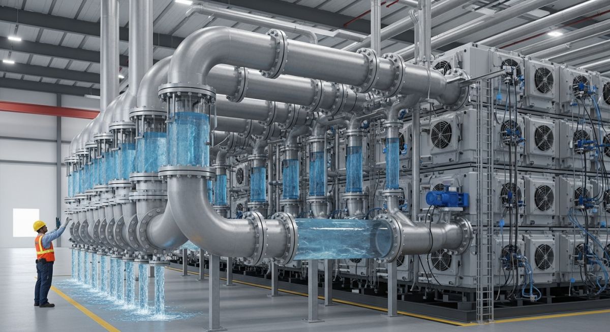 Industrial water supply system feeding a large-scale green hydrogen electrolyzer plant.