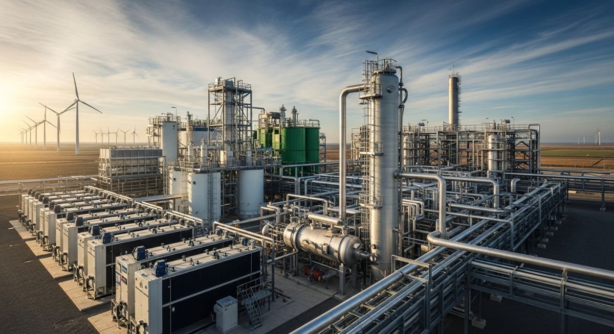 Integrated green methanol production facility showing electrolyzers, carbon capture units, and synthesis reactors with renewable energy infrastructure.
