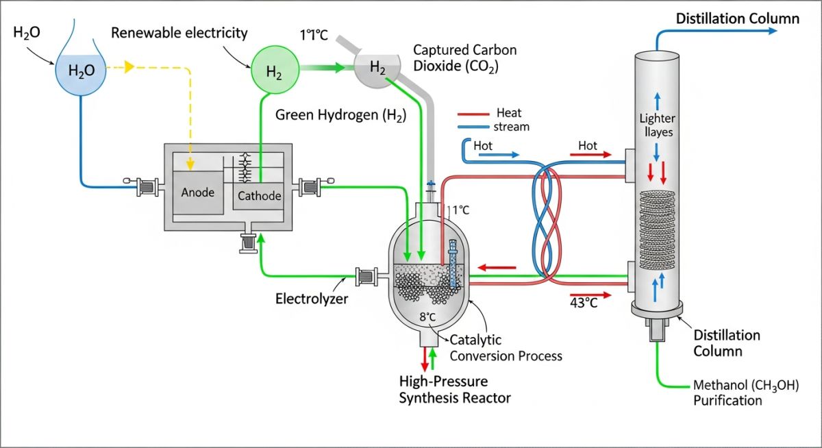 Process flow diagram showing electrolysis, CO2 capture, and methanol synthesis reactor