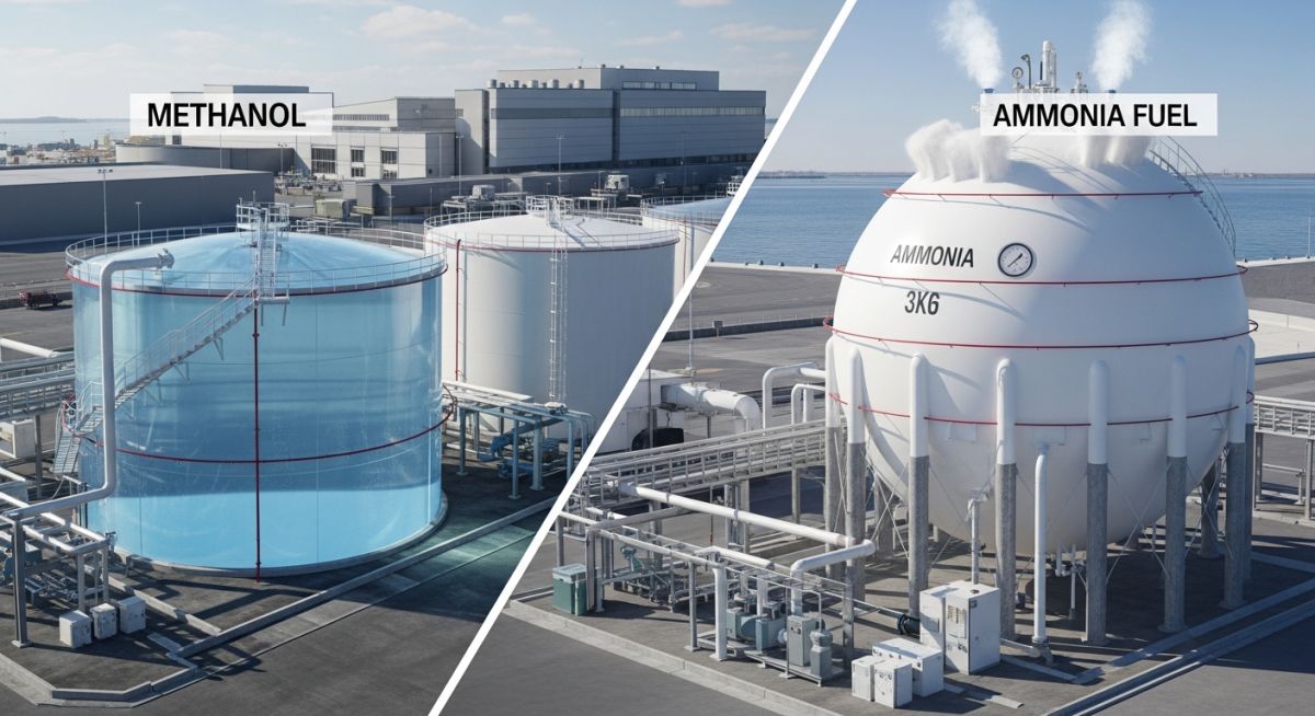 Comparison of industrial storage infrastructure for green methanol and green ammonia at a modern shipping terminal.