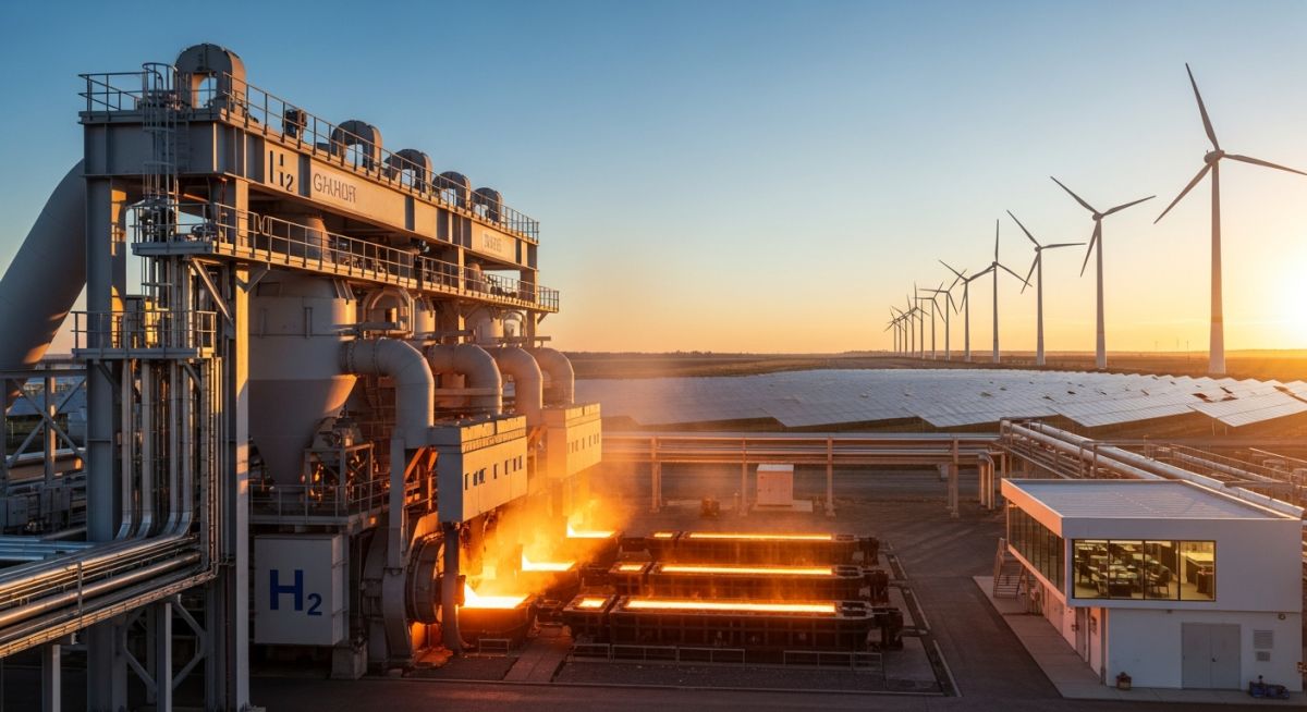 Modern green steel manufacturing plant powered by hydrogen and renewable energy