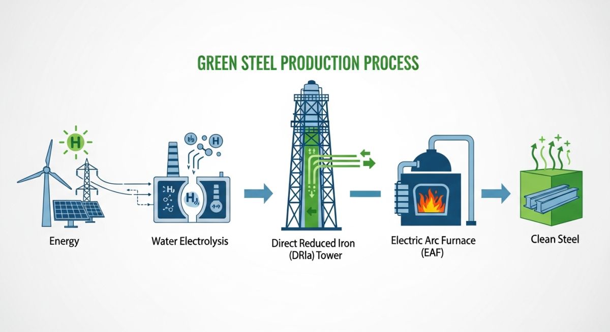 Green steel production process flow diagram from hydrogen generation to electric arc furnace